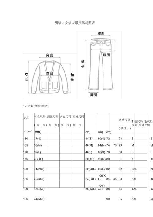 衣服尺寸标号对照表